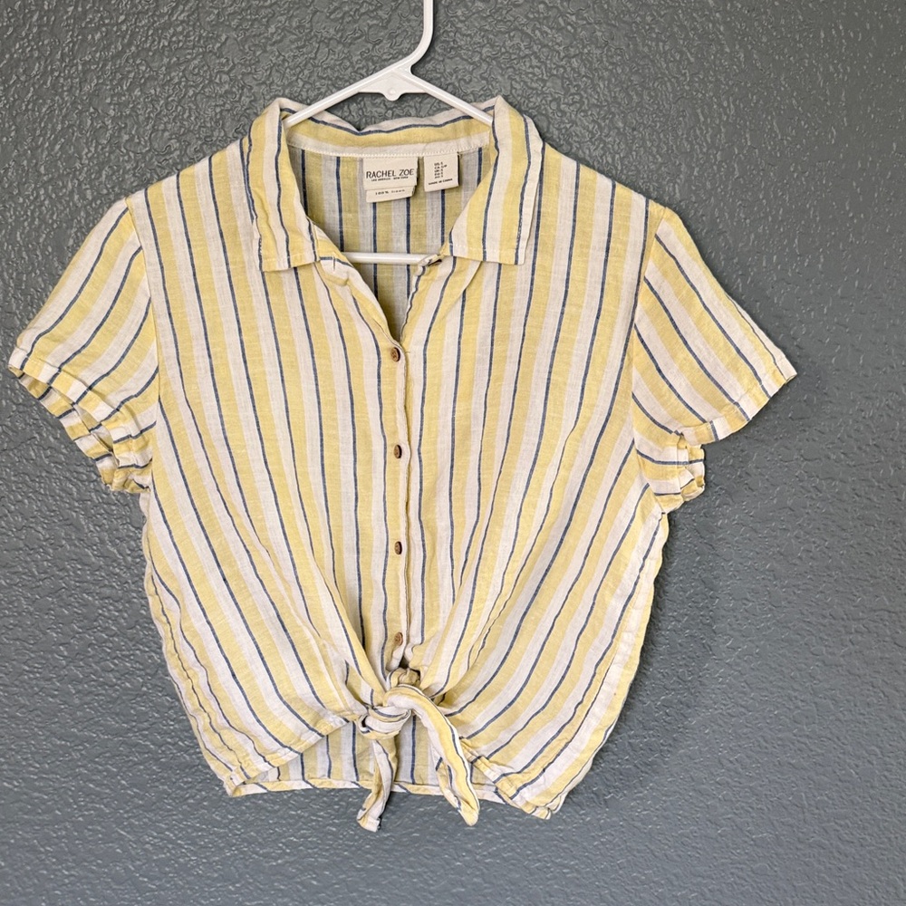 Rachel Zoe 100% Linen  Yellow and Navy Striped Tie-Front Button Shirt size small